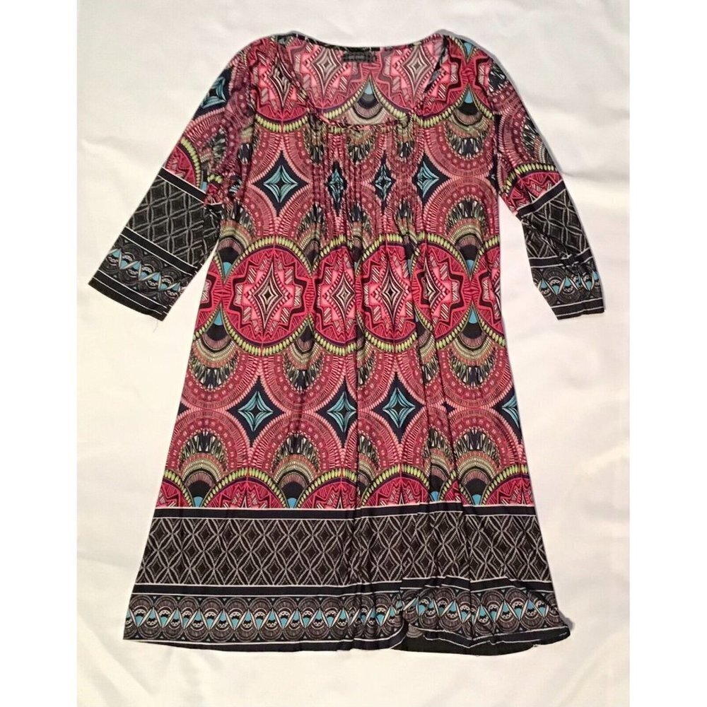 Ice Silk Womens‎ Fashion Geometric Print Shift Dress 3/4 Sleeve Multicolor 3XL